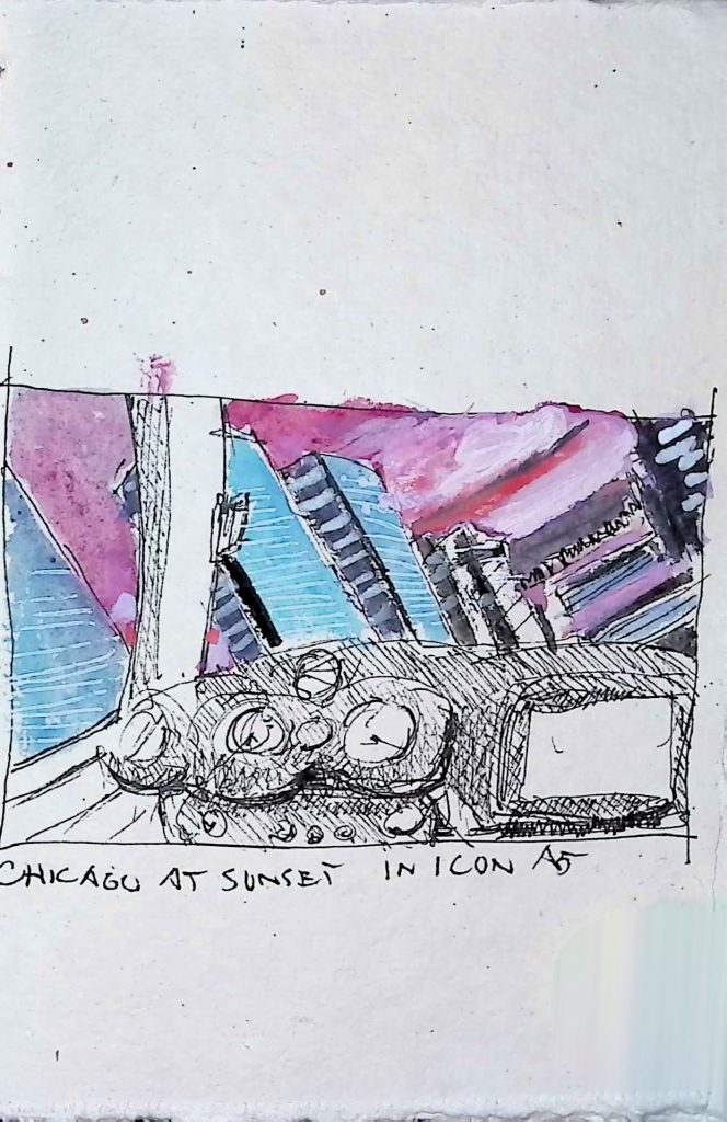 Chicago at Sunset in Icon A5 Virtual Flight Sketch